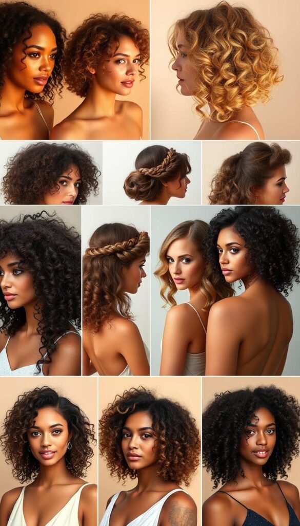 A meticulously styled collection of medium-length curly hairstyles, showcasing their versatility and allure. The foreground features a diverse array of models with varying curl patterns and textures, captured in a warm, golden-hour lighting that accentuates the natural movement and shine of their tresses. The middle ground showcases the styling versatility, with models exhibiting a range of chic updos, half-up styles, and cascading, voluminous curls. The background is a softly blurred, neutral setting that allows the hairstyles to take center stage. The overall mood is one of effortless elegance and summer-inspired vibrancy, perfectly capturing the essence of the featured "Medium-Length Curly Hairstyles for Maximum Versatility."