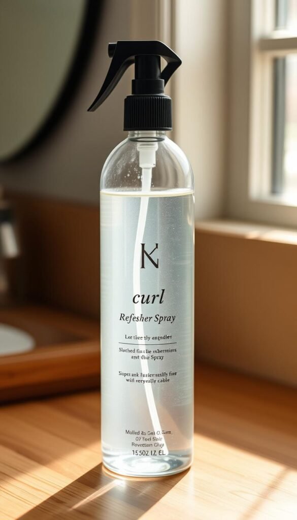 A sleek glass bottle filled with a light, translucent curl refresher spray rests on a wooden vanity. Soft, natural light filters in from a nearby window, casting a warm glow on the bottle's surface. The label features a simple, elegant design with a minimalist typography. The spray's liquid glistens, hinting at its rejuvenating properties. The overall scene conveys a sense of calm, inviting the viewer to imagine the product's soothing effects on their curly hairstyle. The focus is on the bottle, with the background gently blurred, maintaining the product as the central point of interest.
