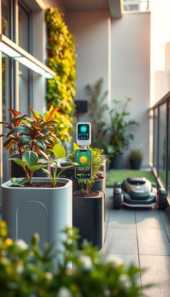 A sleek, modern urban balcony garden filled with cutting-edge smart gardening technology. In the foreground, a self-watering planter with an embedded soil moisture sensor and app-controlled irrigation system. Behind it, a vertical garden wall with built-in LED grow lights and an automated misting system. In the middle, a compact weather station with wireless connectivity, tracking temperature, humidity, and sunlight levels. In the background, a robotic lawnmower silently tending to a small patch of eco-friendly turf. The scene is bathed in warm, diffused natural light, creating a serene, futuristic atmosphere. The entire setup is controlled by a central smart home app, allowing the urban gardener to effortlessly manage their thriving balcony oasis from anywhere.