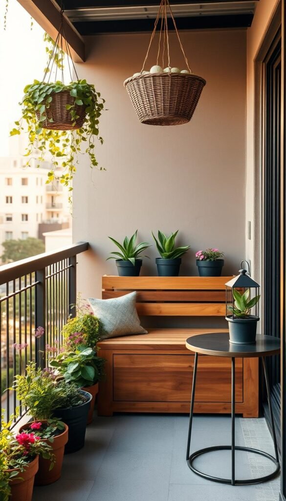 A small, cozy balcony with a multi-functional wooden bench that doubles as seating and storage. Potted plants and flowers line the edges, creating a lush, green oasis. A hanging basket with trailing vines adds a touch of whimsy. The balcony is bathed in warm, golden afternoon light, casting a cozy, inviting glow. A sleek, modern side table with a plant and decorative lantern completes the scene, creating a harmonious blend of form and function. The overall atmosphere is one of relaxation and urban tranquility.