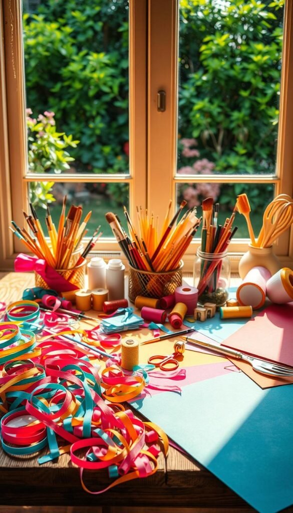 A still life arrangement of vibrant summer craft supplies, bathed in warm, golden afternoon light. In the foreground, an array of colorful papers, ribbons, and spools of thread spill across a rustic wooden table. In the middle ground, an assortment of paint brushes, glue sticks, and scissors are neatly organized. In the background, a window frame offers a glimpse of a lush, verdant garden, creating a serene, outdoor-inspired atmosphere. The composition evokes a sense of creativity, productivity, and the carefree spirit of the summer season. A still life arrangement of vibrant summer craft supplies, bathed in warm, golden afternoon light. In the foreground, an array of colorful papers, ribbons, and spools of thread spill across a rustic wooden table. In the middle ground, an assortment of paint brushes, glue sticks, and scissors are neatly organized. In the background, a window frame offers a glimpse of a lush, verdant garden, creating a serene, outdoor-inspired atmosphere. The composition evokes a sense of creativity, productivity, and the carefree spirit of the summer season.