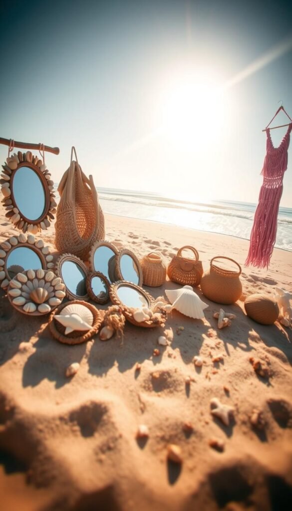 A sun-drenched beach, the gentle waves lapping at the shore. In the foreground, an array of hand-crafted items - seashell-adorned coasters, driftwood-framed mirrors, woven beach bags, and vibrant macrame wall hangings. Beachcombed treasures scattered across the sand, casting long shadows in the warm afternoon light. A tranquil, coastal atmosphere pervades the scene, accentuated by the soft, hazy glow of a wide-angle lens. The overall composition evokes a sense of relaxation and the joy of creating simple, nature-inspired crafts amidst the serene beauty of the seaside. A sun-drenched beach, the gentle waves lapping at the shore. In the foreground, an array of hand-crafted items - seashell-adorned coasters, driftwood-framed mirrors, woven beach bags, and vibrant macrame wall hangings. Beachcombed treasures scattered across the sand, casting long shadows in the warm afternoon light. A tranquil, coastal atmosphere pervades the scene, accentuated by the soft, hazy glow of a wide-angle lens. The overall composition evokes a sense of relaxation and the joy of creating simple, nature-inspired crafts amidst the serene beauty of the seaside.