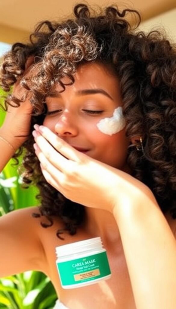 A sun-drenched curly-haired woman gracefully applying a nourishing hair mask, her tresses cascading in defined waves. Soft, diffused lighting illuminates her face, highlighting her serene expression. The background features lush greenery and a cozy, inviting ambiance, conveying a sense of tranquility and self-care. The overall scene radiates a warm, summer vibe, showcasing the importance of proper curly hair maintenance during the hotter months.