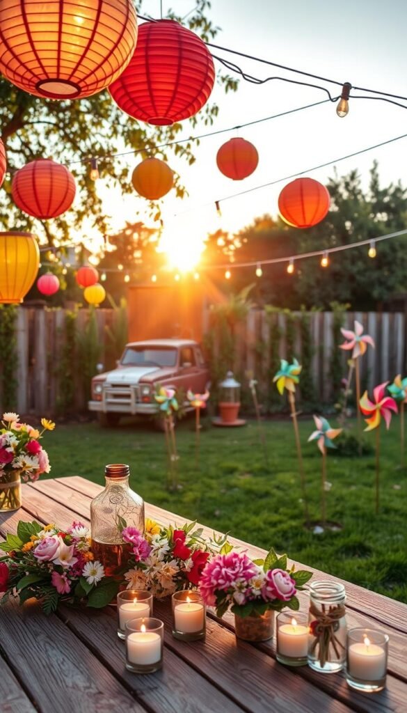 A sun-drenched summer backyard filled with vibrant DIY decorations. In the foreground, a rustic wooden table adorned with colorful paper lanterns, garlands of fresh flowers, and tealight candles casting a warm glow. In the middle ground, playful string lights crisscross overhead, casting a gentle shimmer. The background features a lush green lawn dotted with whimsical pinwheels and garden stakes with hanging glass jars, illuminated by the golden hour sun. The overall scene exudes a cheerful, inviting atmosphere, perfect for an effortless summer gathering. A sun-drenched summer backyard filled with vibrant DIY decorations. In the foreground, a rustic wooden table adorned with colorful paper lanterns, garlands of fresh flowers, and tealight candles casting a warm glow. In the middle ground, playful string lights crisscross overhead, casting a gentle shimmer. The background features a lush green lawn dotted with whimsical pinwheels and garden stakes with hanging glass jars, illuminated by the golden hour sun. The overall scene exudes a cheerful, inviting atmosphere, perfect for an effortless summer gathering.