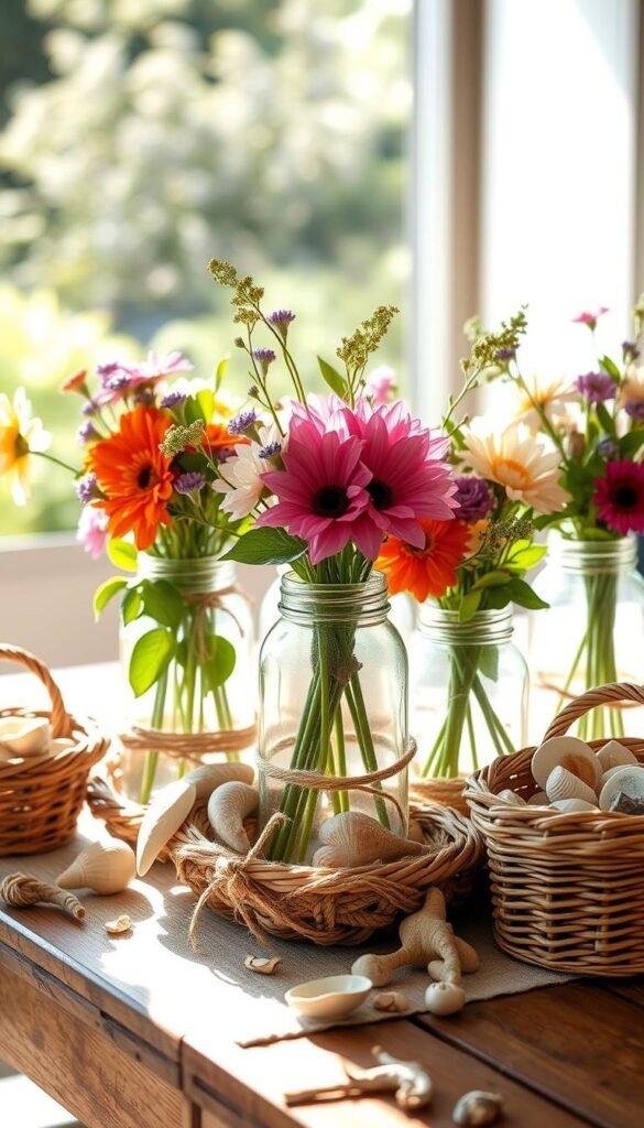 A sunlit table adorned with an assortment of rustic mason jars, each brimming with vibrant summer blooms. The jars are nestled among an arrangement of woven baskets, twine, and natural elements like seashells and driftwood, creating a charming, coastal-inspired display. Soft, natural lighting casts a warm glow, highlighting the textures and colors of the DIY crafts. In the background, a blurred, sun-dappled garden scene sets the scene for this serene and inviting summer tableau. A sunlit table adorned with an assortment of rustic mason jars, each brimming with vibrant summer blooms. The jars are nestled among an arrangement of woven baskets, twine, and natural elements like seashells and driftwood, creating a charming, coastal-inspired display. Soft, natural lighting casts a warm glow, highlighting the textures and colors of the DIY crafts. In the background, a blurred, sun-dappled garden scene sets the scene for this serene and inviting summer tableau.