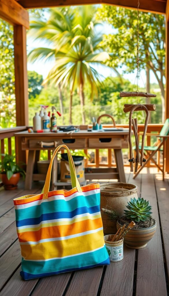 A sunny, breezy summer day on a wooden porch. In the foreground, a colorful array of handmade summer crafts - a vibrant beach tote bag, a set of driftwood wind chimes, and a charming succulent planter. The middle ground features a well-worn, rustic workbench with various craft supplies and tools scattered about. In the background, a lush, verdant garden backdrop with swaying trees and a glimpse of a blue sky. The lighting is warm and natural, casting a soft, golden glow over the scene. The overall mood is one of relaxation, creativity, and the joy of making functional, summery items by hand. A sunny, breezy summer day on a wooden porch. In the foreground, a colorful array of handmade summer crafts - a vibrant beach tote bag, a set of driftwood wind chimes, and a charming succulent planter. The middle ground features a well-worn, rustic workbench with various craft supplies and tools scattered about. In the background, a lush, verdant garden backdrop with swaying trees and a glimpse of a blue sky. The lighting is warm and natural, casting a soft, golden glow over the scene. The overall mood is one of relaxation, creativity, and the joy of making functional, summery items by hand.