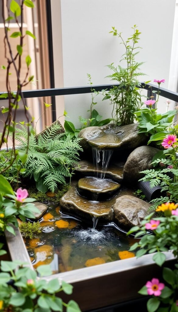 A tranquil miniature water feature nestled within a lush, verdant balcony garden. A small, gently cascading waterfall tumbles over smooth rocks into a serene pool, surrounded by delicate ferns, trailing vines, and vibrant flowering plants. Soft, diffused natural light filters through the greenery, casting a soothing, calming ambiance. The scene is framed by a clean, modern architectural backdrop, creating a harmonious juxtaposition of nature and urban living. Subtle reflections dance on the water's surface, lending an air of peaceful contemplation. This compact, self-contained water feature brings the soothing sounds and visual delights of nature to even the smallest of urban balconies.