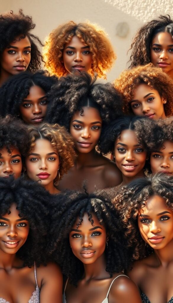 A vibrant collection of diverse curly hairstyles showcased against a softly blurred backdrop, capturing the essence of effortless summer elegance. The foreground features a harmonious arrangement of models with varying face shapes, each styled with meticulously crafted curls that accentuate their individual features. Gentle natural lighting casts a warm, inviting glow, while the middle ground maintains a sense of depth and focus, allowing the viewer to fully appreciate the nuanced details of each hairstyle. The overall composition radiates a sense of versatility and inspiration, inviting the viewer to explore the possibilities of embracing their own unique curly locks.