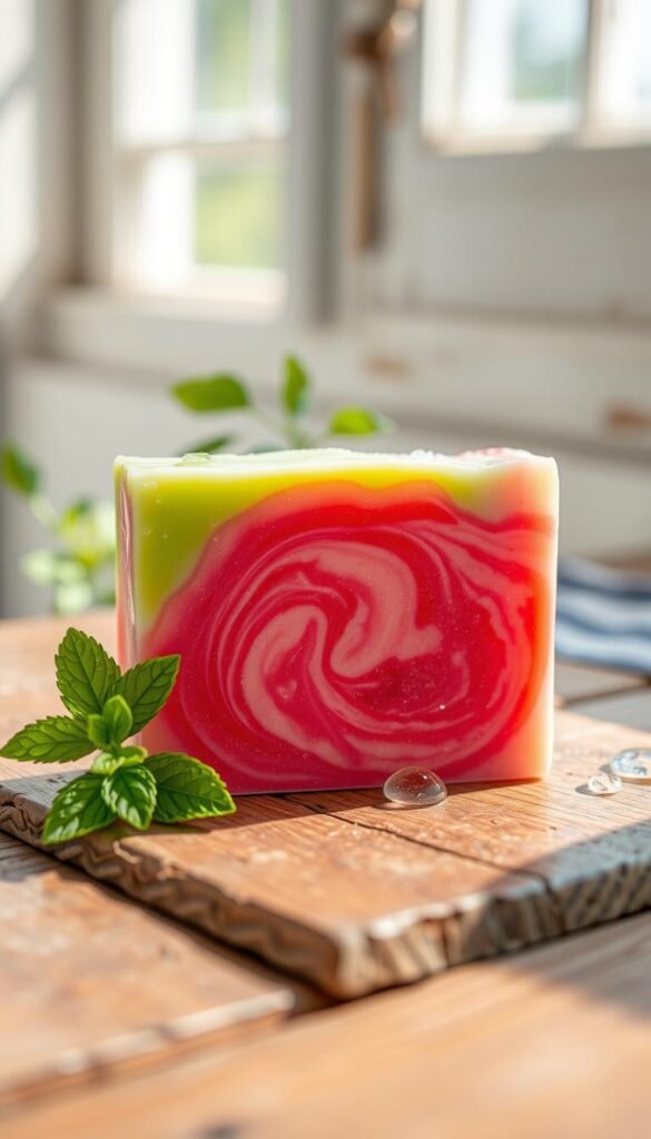 A vibrant, handcrafted watermelon-scented soap sits on a rustic wooden surface, its bright pink and green hues catching the soft, natural light filtering through an airy window. The soap's surface is adorned with intricate swirls and patterns, evocative of the juicy flesh of a freshly cut watermelon. Nearby, a small sprig of mint adds a refreshing, summery touch, while a few water droplets glisten on the soap, hinting at its moisturizing properties. The overall scene exudes a sense of relaxation and self-care, perfect for a rejuvenating summer skincare routine. A vibrant, handcrafted watermelon-scented soap sits on a rustic wooden surface, its bright pink and green hues catching the soft, natural light filtering through an airy window. The soap's surface is adorned with intricate swirls and patterns, evocative of the juicy flesh of a freshly cut watermelon. Nearby, a small sprig of mint adds a refreshing, summery touch, while a few water droplets glisten on the soap, hinting at its moisturizing properties. The overall scene exudes a sense of relaxation and self-care, perfect for a rejuvenating summer skincare routine.