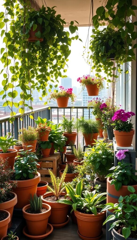 A vibrant, sun-drenched balcony filled with an abundance of thriving container gardens. Assorted potted plants, including lush trailing vines, leafy greens, and colorful flowers, create a verdant oasis. Terracotta pots, wooden planters, and sleek modern containers dot the space, showcasing a mix of textures and sizes. Soft, warm lighting filters through, casting a cozy, inviting atmosphere. In the background, the cityscape beyond the railing provides a subtle urban contrast. The composition captures the essence of creative, space-saving container gardening that transforms a small balcony into a lush, private retreat.