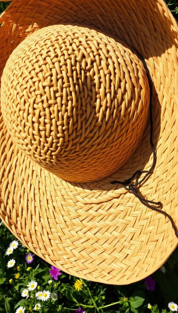 A vibrant, sun-drenched summer day, captured in a close-up view of a woven straw hat. The hat sits atop a lush, verdant background, with scattered wildflowers and lush foliage providing a natural, earthy backdrop. The hat's brim casts a gentle, romantic shadow across the wearer's face, hinting at the relaxed, carefree mood of the scene. The texture of the straw is rendered in meticulous detail, with a warm, golden hue that glistens in the soft, diffused lighting. The composition is framed to draw the eye to the hat's intricate weave and the delicate play of light and shadow across its surface, creating a timeless, artisanal aesthetic. A vibrant, sun-drenched summer day, captured in a close-up view of a woven straw hat. The hat sits atop a lush, verdant background, with scattered wildflowers and lush foliage providing a natural, earthy backdrop. The hat's brim casts a gentle, romantic shadow across the wearer's face, hinting at the relaxed, carefree mood of the scene. The texture of the straw is rendered in meticulous detail, with a warm, golden hue that glistens in the soft, diffused lighting. The composition is framed to draw the eye to the hat's intricate weave and the delicate play of light and shadow across its surface, creating a timeless, artisanal aesthetic.
