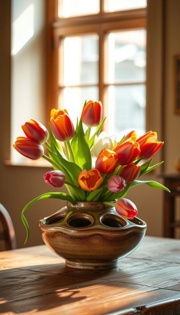 A warm, rustic still life of a handcrafted tulipiere, a ceramic vase with multiple compartments designed to display a vibrant arrangement of tulips. The tulipiere is situated on a wooden table, illuminated by soft, natural light streaming in from a nearby window. The foreground features the intricate details of the tulipiere's glazed surface and the tulips' delicate petals in a variety of colors, from vibrant reds and oranges to soft pinks and whites. The middle ground showcases the tulipiere's unique silhouette and the graceful curves of the tulips' stems, while the background subtly blurs into a warm, earthy tone, emphasizing the handmade, homespun nature of the scene. A warm, rustic still life of a handcrafted tulipiere, a ceramic vase with multiple compartments designed to display a vibrant arrangement of tulips. The tulipiere is situated on a wooden table, illuminated by soft, natural light streaming in from a nearby window. The foreground features the intricate details of the tulipiere's glazed surface and the tulips' delicate petals in a variety of colors, from vibrant reds and oranges to soft pinks and whites. The middle ground showcases the tulipiere's unique silhouette and the graceful curves of the tulips' stems, while the background subtly blurs into a warm, earthy tone, emphasizing the handmade, homespun nature of the scene.
