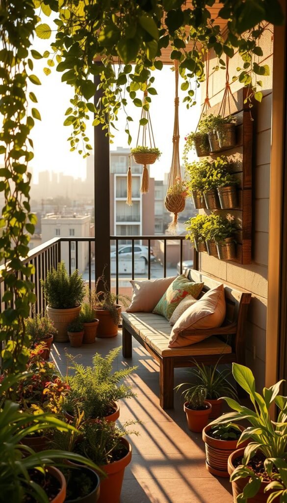 An idyllic balcony garden, bathed in warm, golden afternoon light. In the foreground, an assortment of potted plants, cascading vines, and a DIY vertical planter made from reclaimed wood and repurposed jars. In the middle ground, a cozy seating area with a rustic wooden bench and plush, colorful cushions. Hanging from the railing, delicate macrame plant holders sway gently in the breeze. The background reveals the urban cityscape, providing a striking contrast to the serene, nature-inspired sanctuary. The overall atmosphere is one of tranquility, creativity, and a touch of whimsy, perfectly capturing the essence of a budget-friendly, DIY balcony garden.
