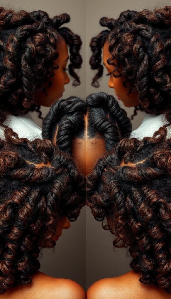Detailed portrait of voluptuous, intricately braided curly hairstyles with lush, defined coils and waves. Soft, diffused lighting illuminates the richly textured tresses from multiple angles, creating an ethereal, luminous quality. The styles are arranged in a visually striking, symmetrical composition that highlights the mesmerizing patterns and movement of the hair. A sense of effortless elegance and natural beauty pervades the scene, evoking the essence of carefree summer days.