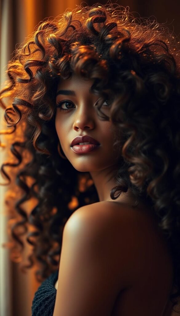 Glamorous curly hairstyles inspiration. A captivating collection of diverse, celebrity-inspired curly styles - from cascading ringlets to voluminous coils, artfully lit and photographed in a high-end fashion editorial setting. Soft, diffused lighting creates a warm, alluring atmosphere, highlighting the natural texture and movement of the hair. Shot with a medium-format camera and a shallow depth of field, drawing the viewer's attention to the intricate details and glossy, healthy strands. The models' expressions convey a sense of confidence and sophistication, embodying the transformative power of these stunning curly looks.