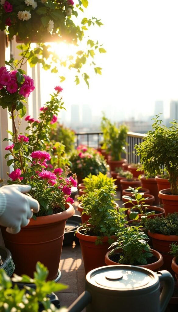 Seasonal balcony garden maintenance: A lush, sun-dappled balcony, with terracotta pots overflowing with vibrant blooms and verdant foliage. In the foreground, a gardener's gloved hands carefully prune wayward stems, while a watering can sits nearby, ready to nourish the thirsty plants. The mid-ground features a tidy arrangement of terra cotta planters, each housing a different variety of thriving herbs and vegetables. In the background, the city skyline peeks through, a stark contrast to the oasis of greenery. The scene is bathed in warm, golden light, creating a serene and inviting atmosphere, capturing the essence of tending to a thriving apartment balcony garden.