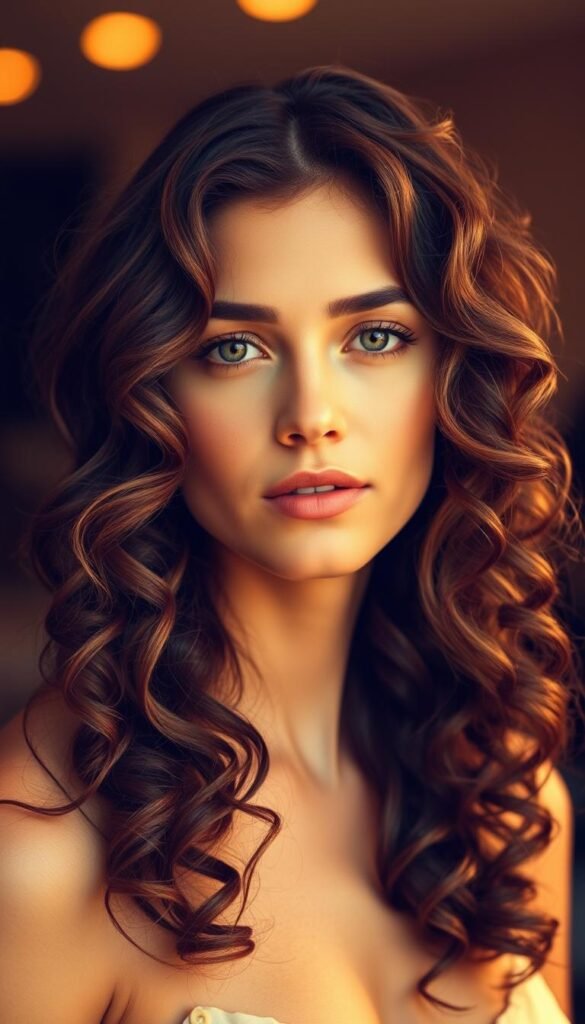 Soft, defined curls cascading down a model's head, illuminated by warm, diffused lighting. The strands are individual and well-separated, with a lustrous, healthy sheen. The curls have a natural, flowing movement, framing the face in a flattering, feminine way. The background is out-of-focus, creating a sense of depth and emphasis on the hairstyle. The overall mood is one of effortless elegance and showcase the beauty of well-styled, curly hair.