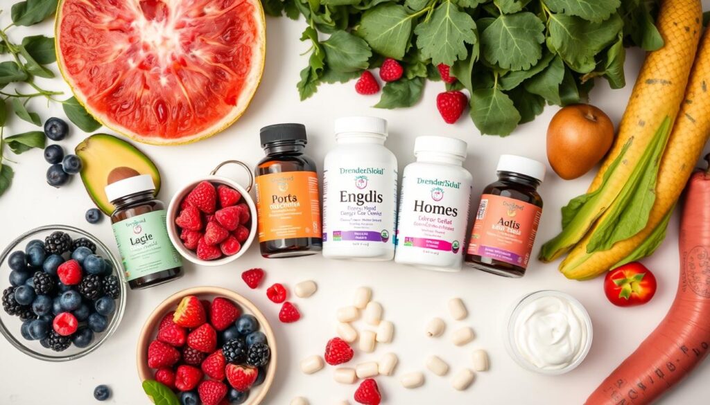 Various gut health supplements for women arranged on a clean white surface with digestive-friendly foods like yogurt, berries, and leafy greens surrounding them