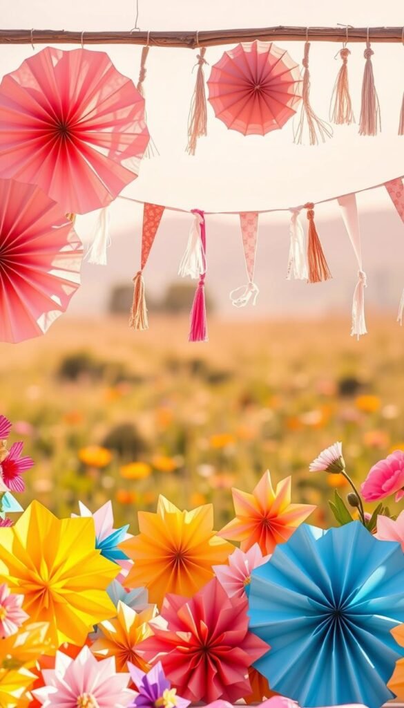 Vibrant and whimsical summer paper crafts set against a warm, sun-dappled backdrop. In the foreground, an array of colorful origami flowers, paper fans, and intricate 3D shapes crafted from tissue paper. In the middle ground, delicate paper garlands and tasseled banners hanging from rustic wooden dowels. The background features a soft, blurred field of wildflowers and a hazy, golden sky. Gentle natural lighting casts a serene, summery glow over the entire scene. The overall mood is one of playful creativity and carefree, sun-soaked festivities. Vibrant and whimsical summer paper crafts set against a warm, sun-dappled backdrop. In the foreground, an array of colorful origami flowers, paper fans, and intricate 3D shapes crafted from tissue paper. In the middle ground, delicate paper garlands and tasseled banners hanging from rustic wooden dowels. The background features a soft, blurred field of wildflowers and a hazy, golden sky. Gentle natural lighting casts a serene, summery glow over the entire scene. The overall mood is one of playful creativity and carefree, sun-soaked festivities.
