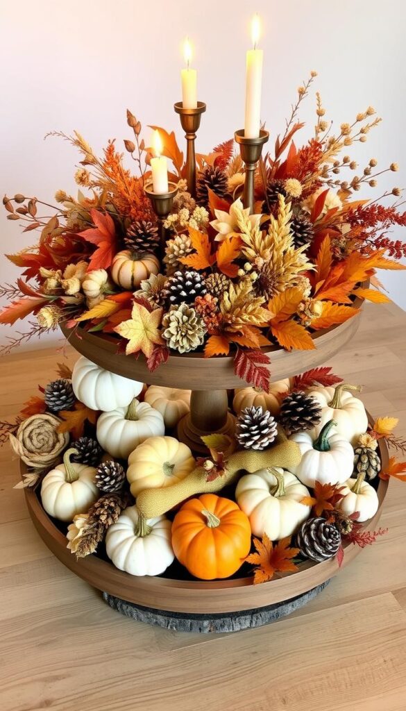 A cozy and inviting two-tiered fall tray, arranged with an array of natural elements. The lower tier showcases a collection of pumpkins, gourds, and fall foliage, while the upper tier features a centerpiece of dried floral arrangements, pinecones, and elegant candlesticks. Warm lighting casts a soft, autumnal glow, creating a harmonious and visually striking display. The arrangement is positioned on a rustic wooden surface, with a neutral background that allows the fall decor to take center stage. The overall composition evokes a sense of seasonal charm and a welcoming atmosphere.