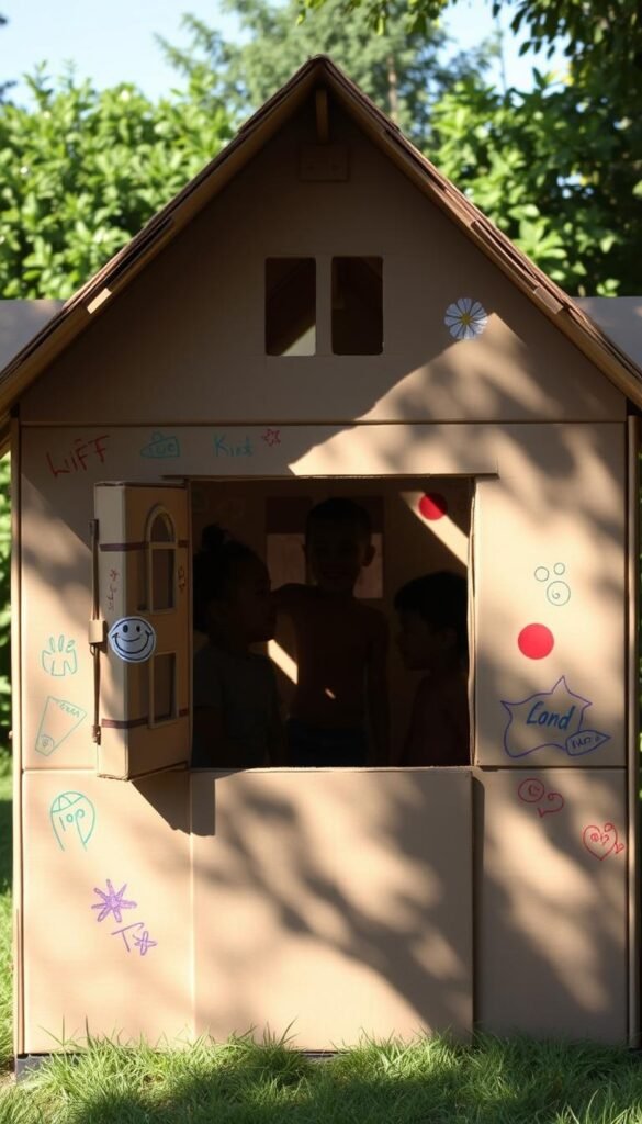 A cozy cardboard playhouse stands in a sunlit backyard, its walls adorned with vibrant drawings and stickers. The sturdy structure features a charming peaked roof, open windows, and a welcoming doorway. Playful silhouettes of children can be seen through the openings, their laughter and imagination filling the scene. Soft natural lighting casts warm shadows, evoking a sense of whimsical adventure. The playhouse is surrounded by lush greenery, creating a serene and inviting atmosphere for endless hours of creative play.