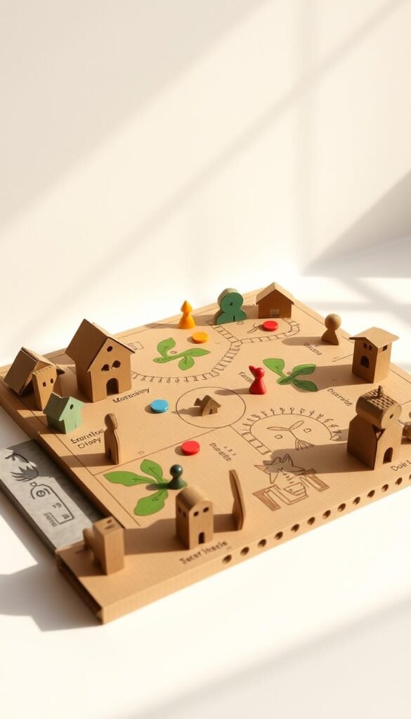A handcrafted cardboard board game, with a detailed game board featuring a variety of whimsical illustrations. The pieces are simple yet charming, carved from sturdy cardboard and painted in vibrant colors. Soft, natural lighting illuminates the scene, casting gentle shadows that add depth and texture. The game is set against a plain, off-white background, allowing the cardboard craft to take center stage. An atmosphere of creativity, DIY spirit, and homemade charm permeates the image, inviting the viewer to imagine the endless possibilities of crafting their own unique board game from basic materials.