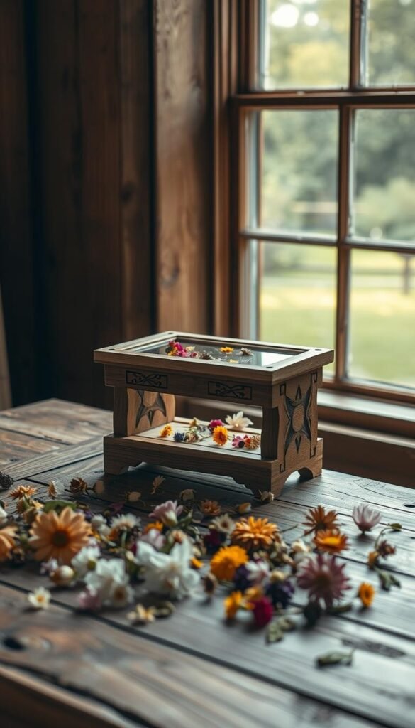 A handcrafted wooden flower press sits on a rustic wooden table, illuminated by warm, natural lighting from a large window. The press features intricate carved details and a classic, minimalist design, with a transparent glass top that allows the pressed flowers within to be clearly visible. The tabletop is adorned with delicate, colorful blooms in various stages of the pressing process, creating a serene, botanical atmosphere. The overall scene evokes a sense of tranquility and the timeless art of preserving the beauty of nature.