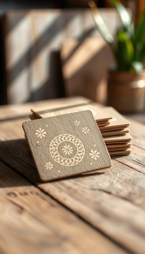A stack of handcrafted cardboard coasters resting on a rustic wooden surface, bathed in warm natural light. The coasters feature simple geometric patterns and textures, with a tactile, eco-friendly aesthetic. In the foreground, a few coasters are slightly elevated, casting soft shadows that add depth and dimension. The background is blurred, keeping the focus on the intricate details and the organic, homemade quality of these charming DIY creations. Captured with a shallow depth of field, the image conveys a sense of craftsmanship and a appreciation for the beauty in everyday, sustainable materials.
