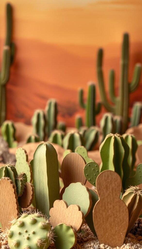 A vibrant cardboard cactus garden set against a warm, desert-inspired backdrop. In the foreground, a cluster of carefully crafted cardboard cacti in various shades of green and brown, their textured surfaces catching the soft, diffused light. In the middle ground, additional cacti of different shapes and sizes, arranged in an organic, naturalistic layout. The background features a hazy, sun-drenched sky with hints of orange and pink, creating a serene, tranquil atmosphere. The overall scene conveys a sense of low-maintenance, eco-friendly whimsy, perfect for bringing a touch of the Southwest into any indoor space.