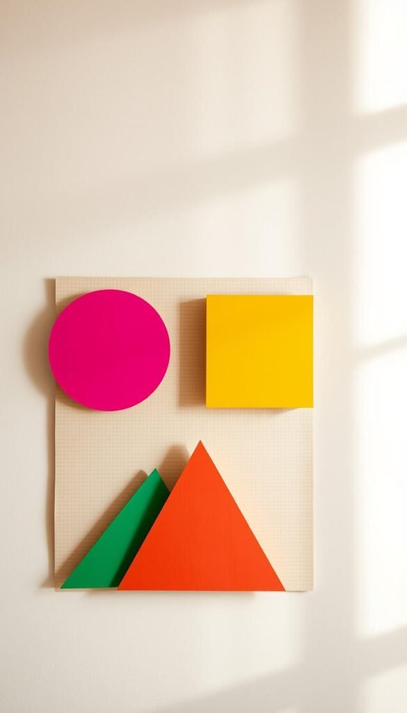 A vibrant wall decor piece crafted from sturdy cardboard. In the foreground, a trio of geometric shapes - a circle, a square, and a triangle - arranged in a visually striking composition. The shapes are painted in a bold, eye-catching palette of primary colors, lending a playful, modern aesthetic. The middle ground features a subtle texture, emulating the corrugated surface of the cardboard material. In the background, a neutral, minimalist backdrop allows the vibrant colors and clean, geometric forms to take center stage. Softly diffused lighting creates a warm, inviting atmosphere, highlighting the tactile qualities of the cardboard. The overall effect is a captivating, contemporary wall decoration that adds visual interest and a touch of DIY charm.