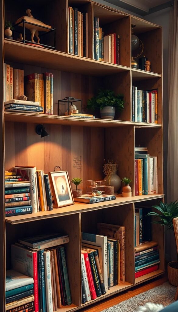 A well-crafted cardboard bookcase filled with eclectic books and trinkets, bathed in warm, soft lighting and captured from a slightly angled perspective to showcase its charming, DIY aesthetic. The shelves are made from repurposed cardboard boxes, adorned with whimsical patterns and textures, creating a cozy, rustic ambiance. In the foreground, a mix of paperbacks, hardcovers, and decorative items like plants and figurines add depth and character to the scene. The middle ground features the bookcase's sturdy structure, while the background subtly blurs, drawing the viewer's attention to the bookshelf's handcrafted details and personalized touches.