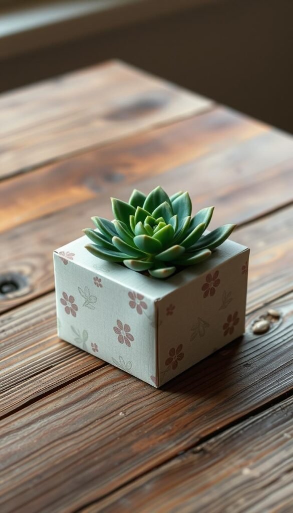 A well-crafted, eco-friendly upcycled gift box planter rests on a rustic wooden table, bathed in soft, natural lighting. The box's original design features delicate floral patterns, now reimagined as a charming container for a lush, thriving succulent plant. Textured, earthy tones complement the weathered wood, creating a harmonious, inviting composition. The planter's simple, yet elegant silhouette is accentuated by strategic camera angles, highlighting its repurposed nature and sustainable aesthetic. An overall sense of warmth, coziness, and environmental consciousness permeates the scene, reflecting the spirit of the "Upcycled Gift Box Planters" project.