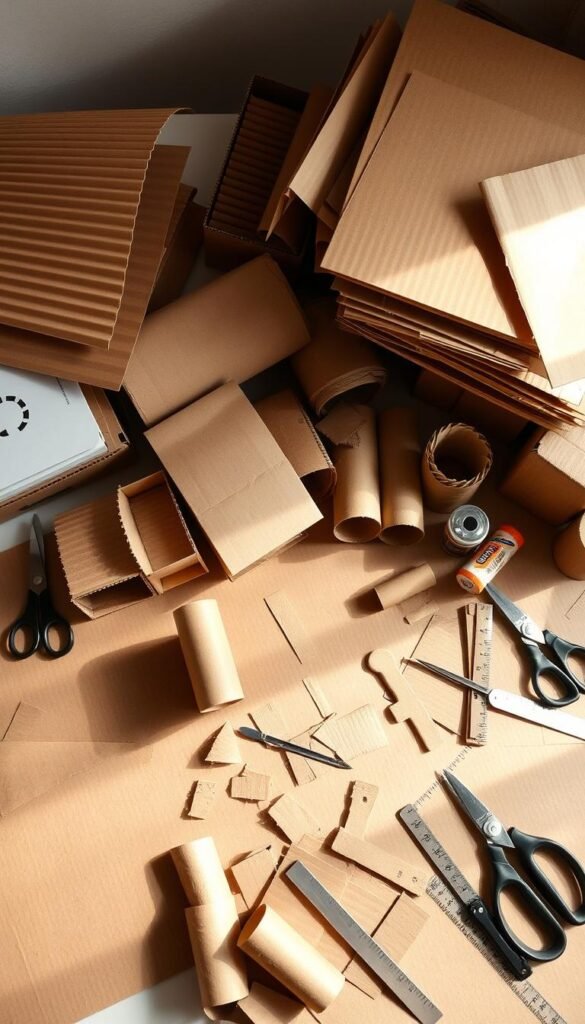 A well-lit workspace, a table covered in a variety of cardboard materials - corrugated sheets, tubes, boxes, and scraps in various shades of brown and beige. Scissors, craft knives, rulers, and glue sticks are neatly arranged, ready for crafting. Soft, diffused lighting casts gentle shadows, highlighting the textural details of the cardboard. The overall mood is one of creativity and DIY inspiration, inviting the viewer to imagine the endless possibilities of transforming these humble materials into unique handmade projects.