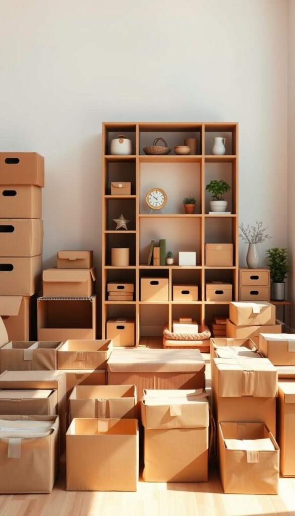 A well-organized cardboard storage solution in a bright, airy room. In the foreground, various sized cardboard boxes and containers, some stacked, others arranged neatly. The middle ground features a simple wooden shelving unit, its surfaces adorned with additional cardboard organizers and decor. The background showcases a minimalist white wall, with natural sunlight streaming in through large windows, casting a warm, inviting glow. The overall atmosphere is one of functional simplicity, where cardboard's versatility shines as an affordable, eco-friendly storage option.