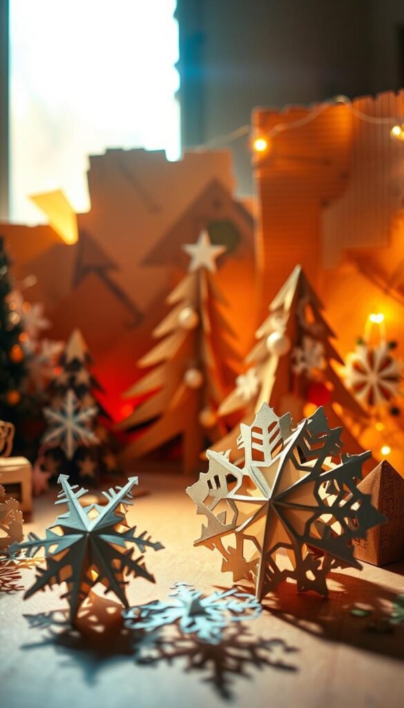 A whimsical arrangement of seasonal cardboard crafts illuminated by warm, soft lighting. In the foreground, delicate paper snowflakes and three-dimensional geometric shapes cast dynamic shadows. The middle ground features an intricate cardboard Christmas tree adorned with intricate paper decorations, while a backdrop of textured cardboard in earthy tones provides a natural, artisanal feel. The composition is balanced, with a focus on the intricate details and playful, creative spirit of the crafts. The overall atmosphere is one of enchantment and handmade charm, reflecting the joy of DIY seasonal projects.