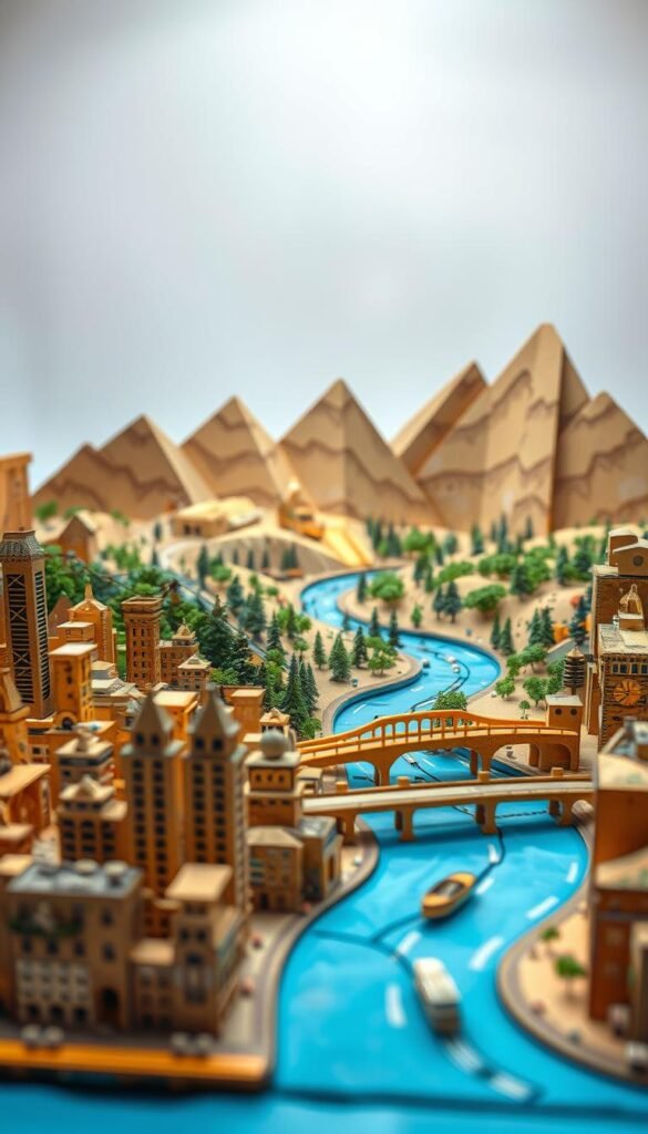 A whimsical cardboard diorama depicting miniature worlds, crafted with intricate details. In the foreground, a tiny paper cityscape with skyscrapers, bridges, and bustling streets. In the middle ground, a rolling cardboard landscape dotted with hills, forests, and a winding river. In the background, a cardboard mountain range with craggy peaks, all illuminated by warm, natural lighting as if captured by a tilt-shift lens. The overall scene exudes a sense of imagination, creativity, and the joy of crafting.