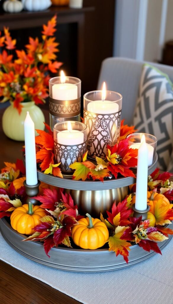 Candles and holders arranged on a tiered tray with fall leaves and mini pumpkins