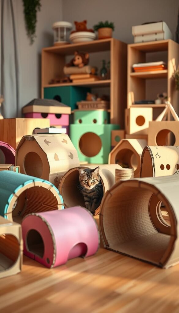 Colorful assortment of handcrafted cardboard cat toys in a well-lit, cozy home setting. Foreground features a variety of playful shapes and textures, such as corrugated cardboard tunnels, scratch pads, and interactive puzzles. Middle ground showcases a feline companion curiously investigating the toys. Soft, warm lighting casts gentle shadows, creating an inviting, pet-friendly atmosphere. Minimal clutter allows the cardboard creations to take center stage. Realistic, detailed textures and natural colors convey the simplicity and sustainability of these homemade, eco-friendly pet accessories.