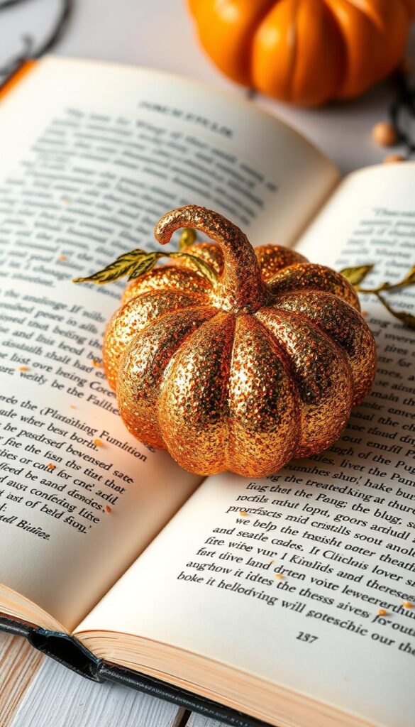 Create an image of a book page glitter pumpkin.