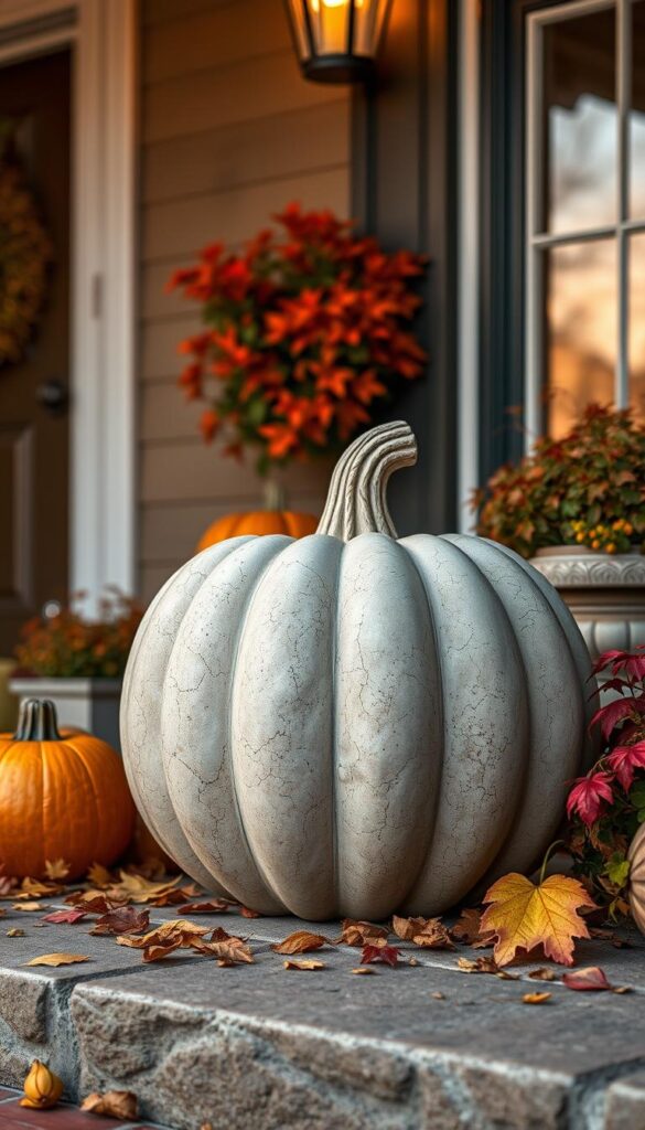 Create an image of a concrete pumpkin on a front porch.