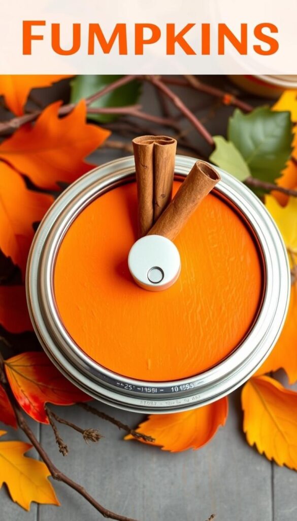 Create an image of a mason jar lid pumpkin with a cinnamon stick stem, surrounded by fall leaves and twigs.