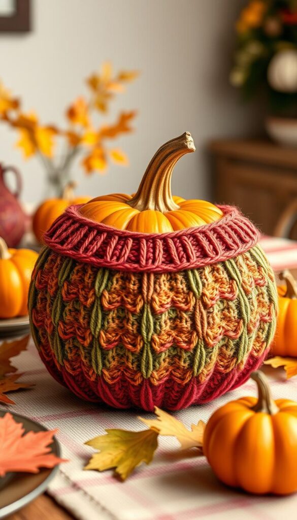 Create an image of a sweater pumpkin with a natural stem, placed on a cozy fall-themed table setting.