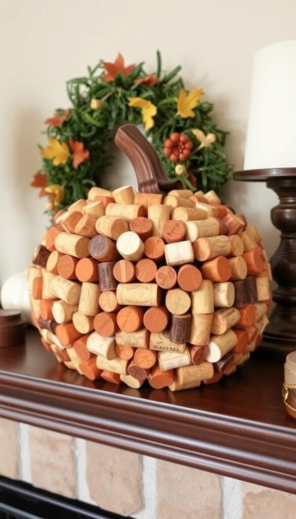 Create an image of a wine cork pumpkin on a mantel.
