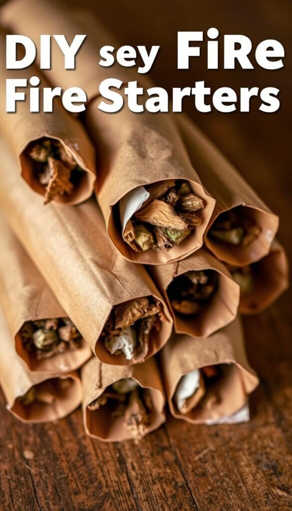 Detailed close-up shot of several cardboard tubes filled with natural fire starter ingredients, such as dried leaves, twigs, and wax-coated paper. The tubes are stacked neatly on a wooden surface, with a warm, rustic lighting that casts soft shadows, highlighting the textures and materials. The image has a cozy, homemade feel, conveying the ease and simplicity of creating DIY fire starters for outdoor adventures or indoor fireplaces.