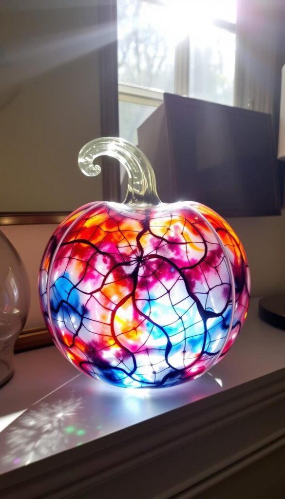 Display a glass pumpkin with an alcohol ink design on a mantel, with sunlight shining through it, highlighting its translucent beauty.