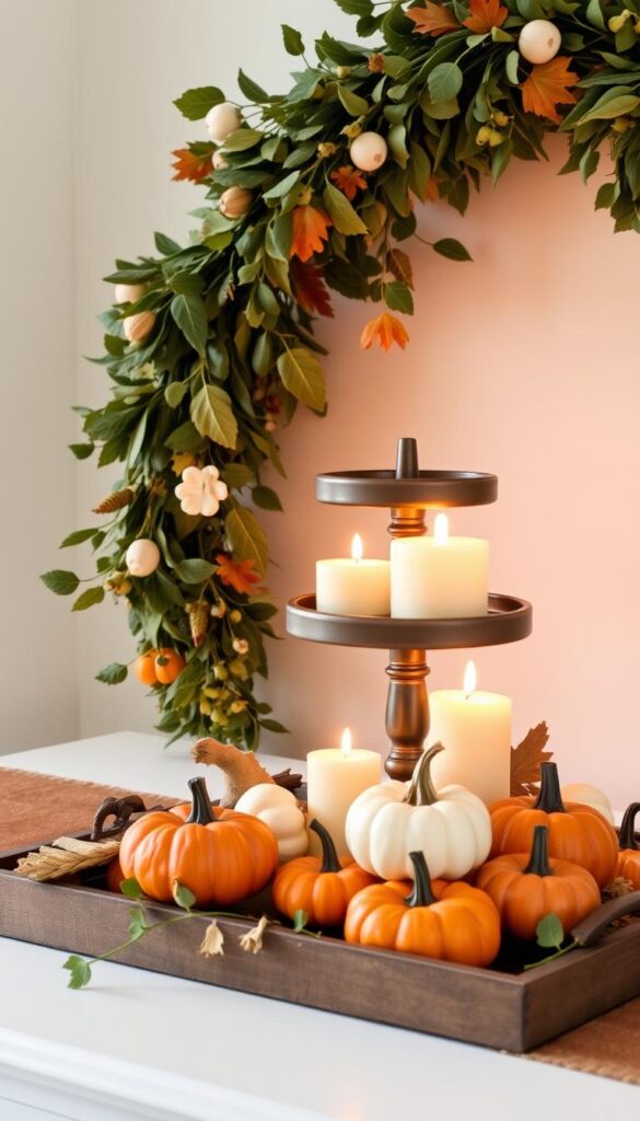Fall garland draped over a tiered tray with candles and mini pumpkins