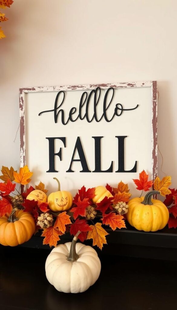 Fall sign with the words "Hello Fall" surrounded by mini pumpkins and fall leaves