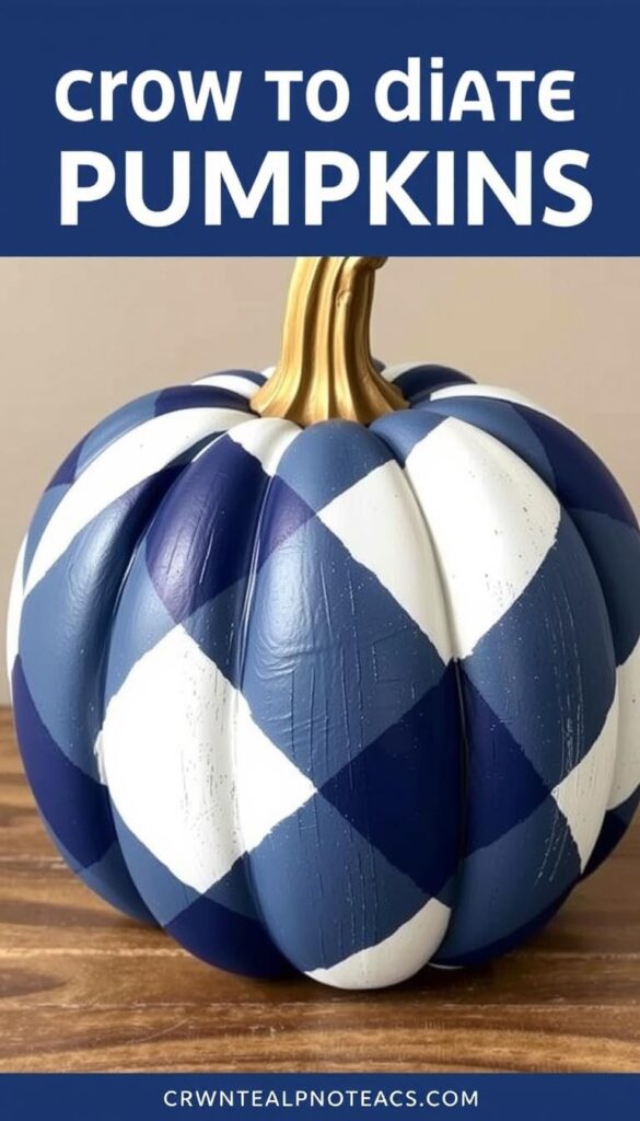 Generate an image of a buffalo check painted pumpkin in navy and white