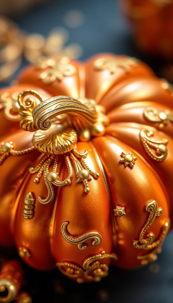 Generate an image of a clay mold embellished gold pumpkin