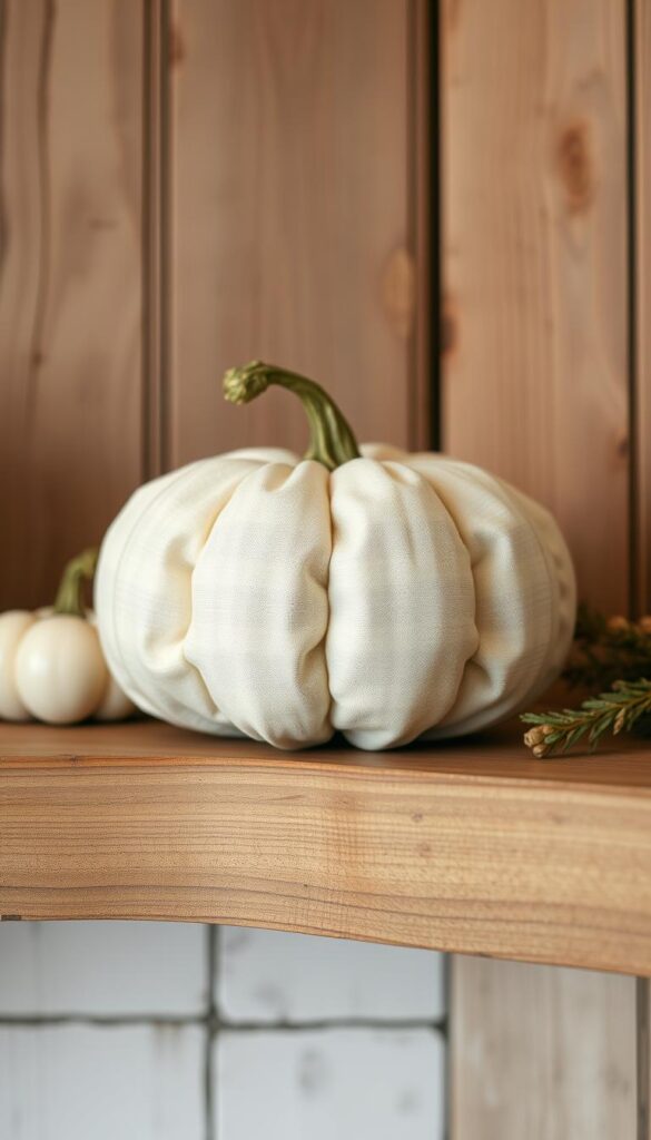 Generate an image of a farmhouse fabric pumpkin in neutral tones, displayed on a rustic wooden shelf.